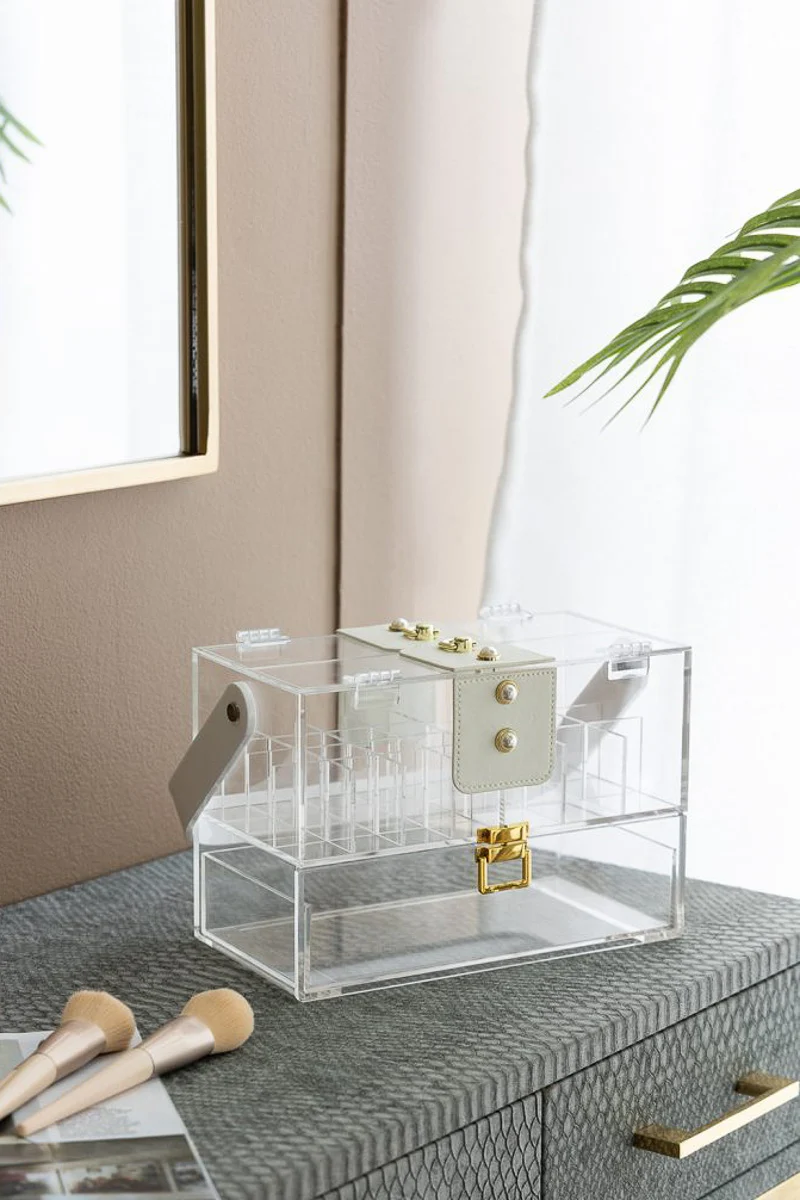 Clear Acrylic Storage Box with Handle Gold Accents 9.5"x5"x6.5"