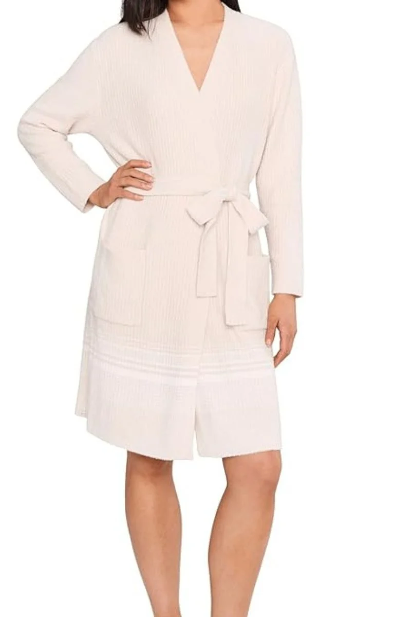 Barefoot Dreams CozyChic Lite Variegated Stripe Ribbed Robe S/M Sand Dune-Pearl