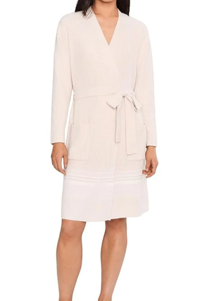 Barefoot Dreams CozyChic Lite Variegated Stripe Ribbed Robe S/M Sand Dune-Pearl - Image 2
