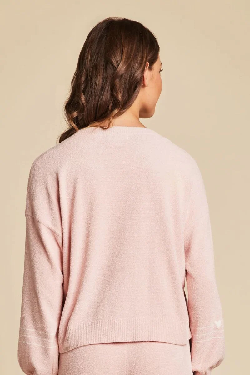 Barefoot Dreams Cozychic Ultra Light Heartbeat Stripe Pullover Medium Pink Peonie-Pearl - Image 2