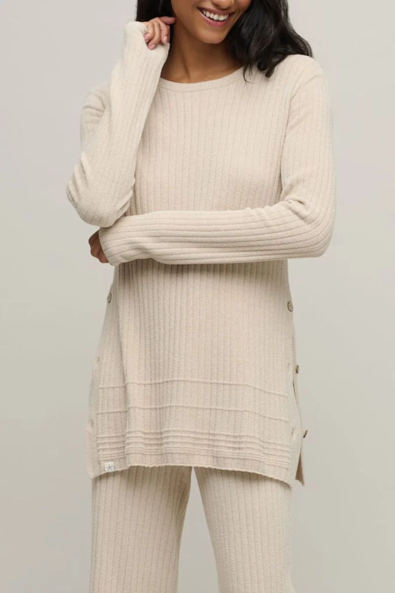 Barefoot Dreams CozyChic Ultra Lite Textured Rib Pullover with Buttons Large Stone - Image 4