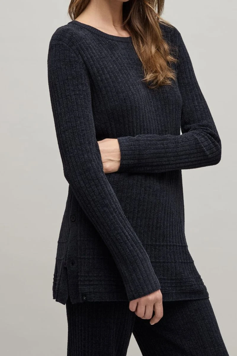 Barefoot Dreams CozyChic Ultra Lite Textured Rib Pullover with Buttons XL Black - Image 2