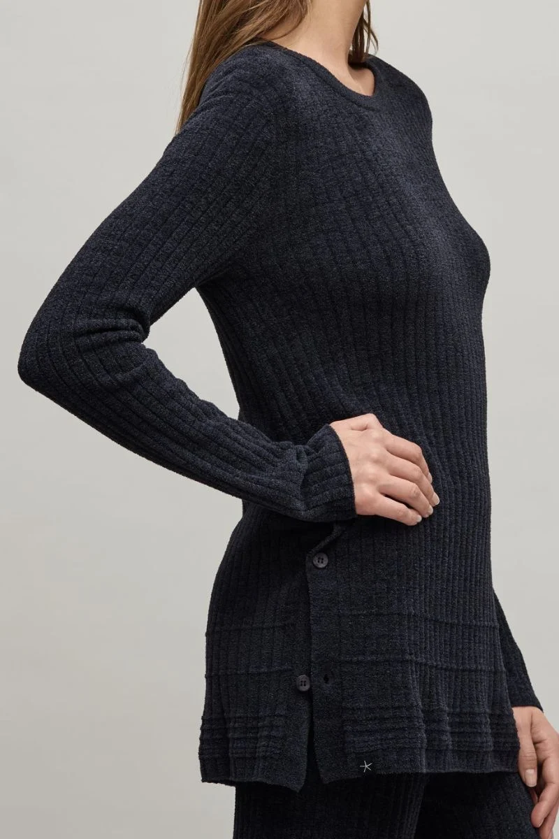 Barefoot Dreams CozyChic Ultra Lite Textured Rib Pullover with Buttons XS Black - Image 2