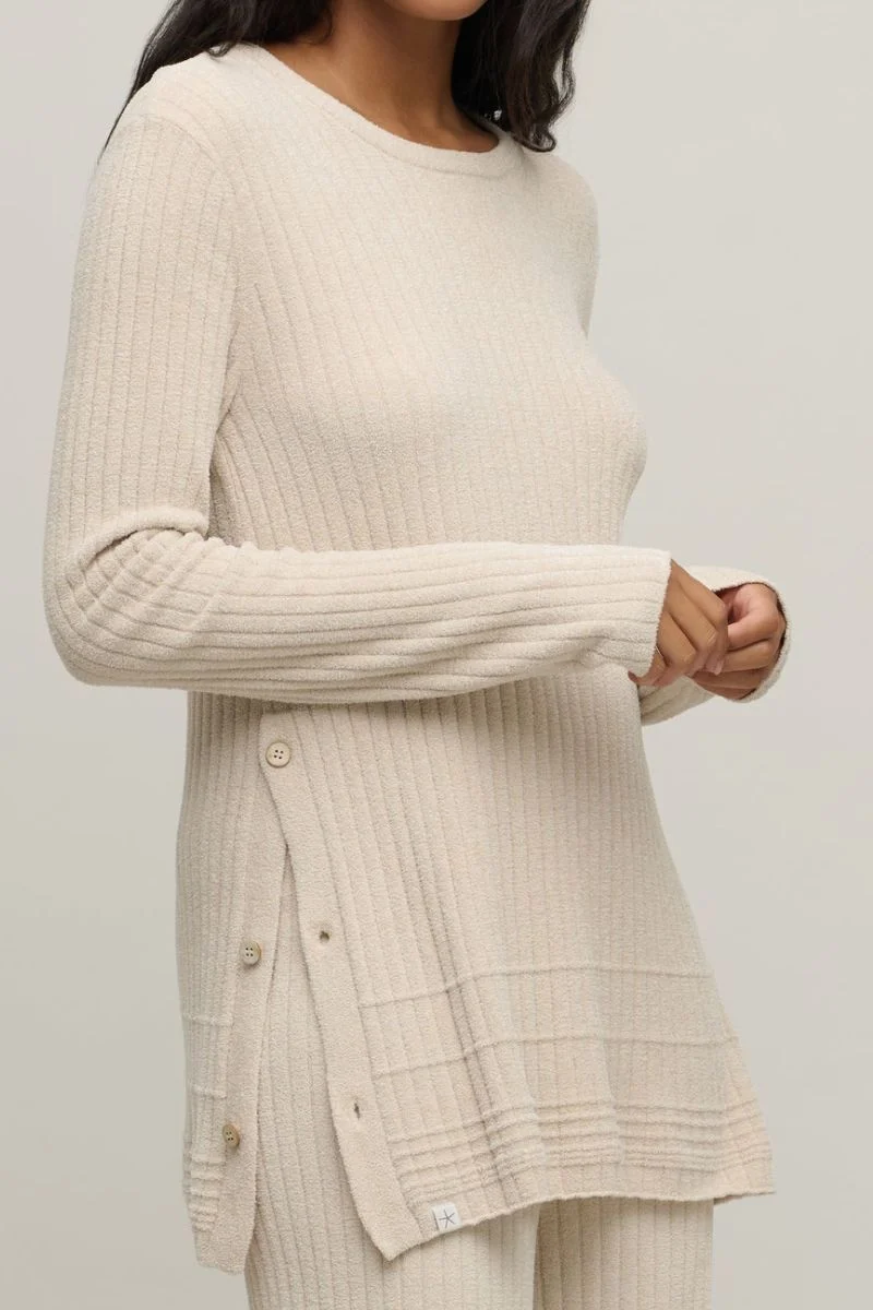 Barefoot Dreams CozyChic Ultra Lite Textured Rib Pullover with Buttons XS Stone