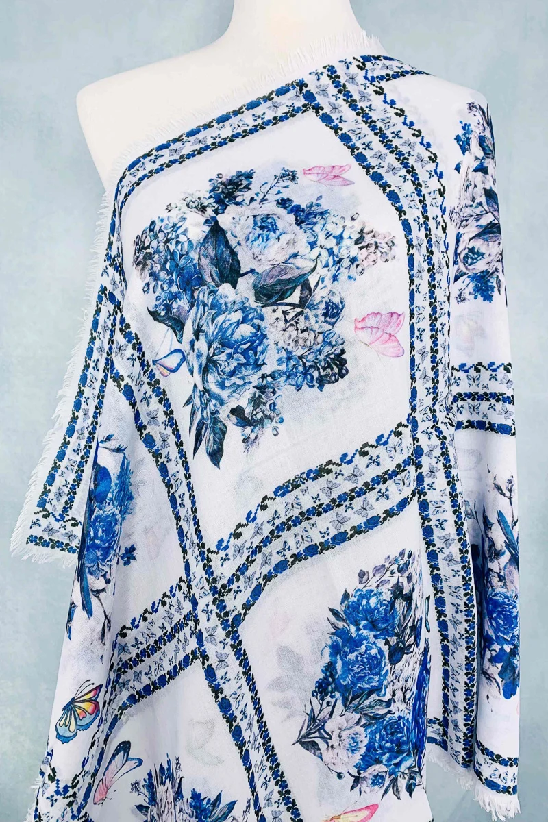 Blue Bird, Butterfly and Floral Artwork Scarf & Shawl Blue - Image 2
