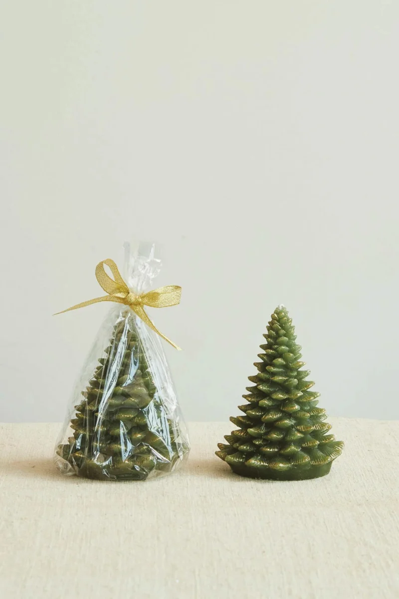 Tree Shaped Candle Unscented Green Gold Tips 5"