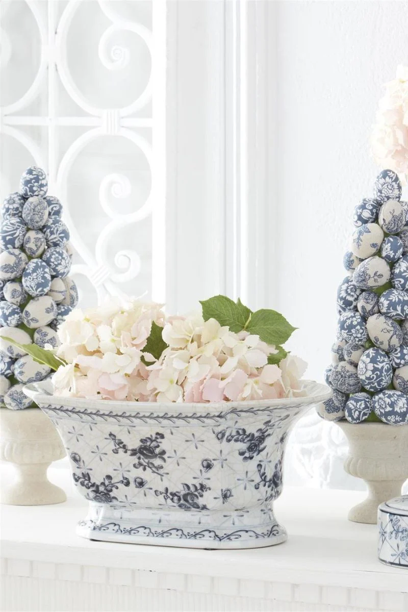 Ceramic Floral Oval Fluted Bowl 13" Blue & White
