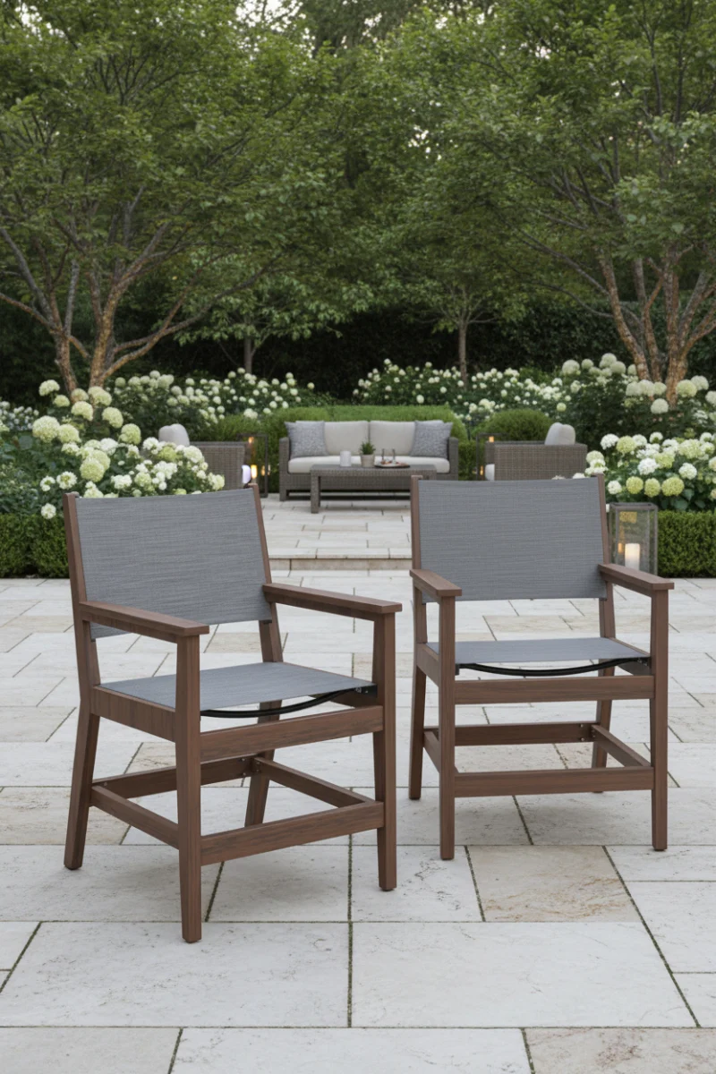 Berlin Gardens Mayhew Sling Dining Chair Elevation Stone on Brazilian Walnut