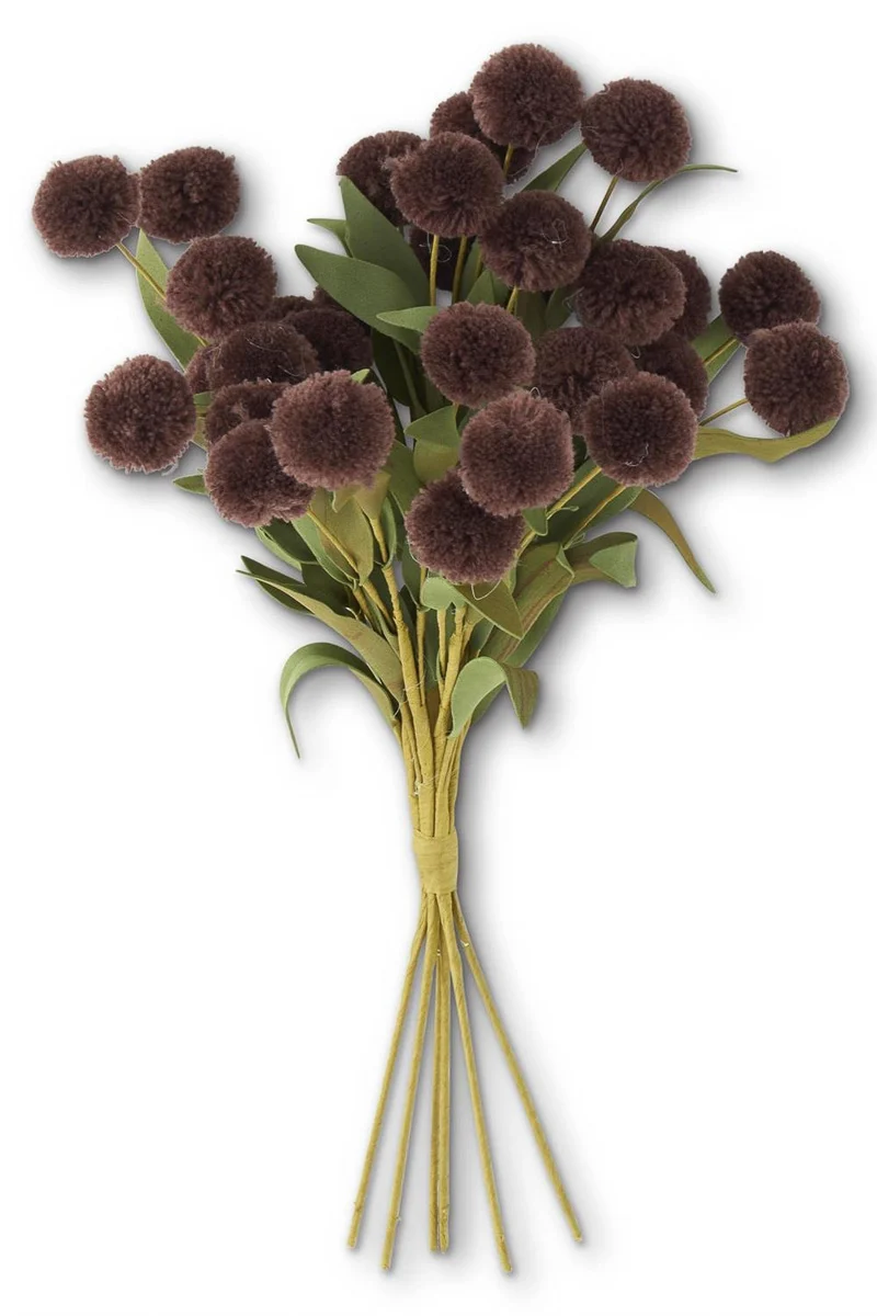 Faux Dark Brown Pompom Bundle with Green Leaves 13"