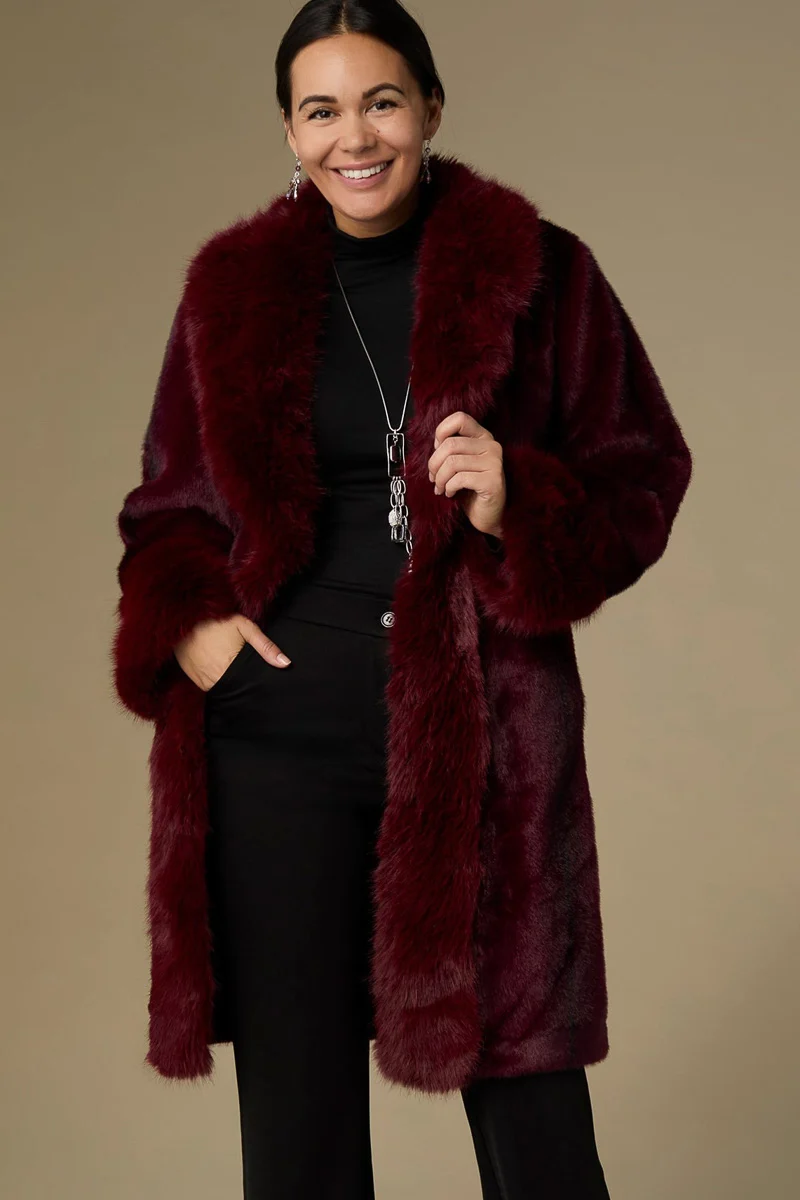 Evelyn Faux Fur Shawl Collar Coat S/M Merlot