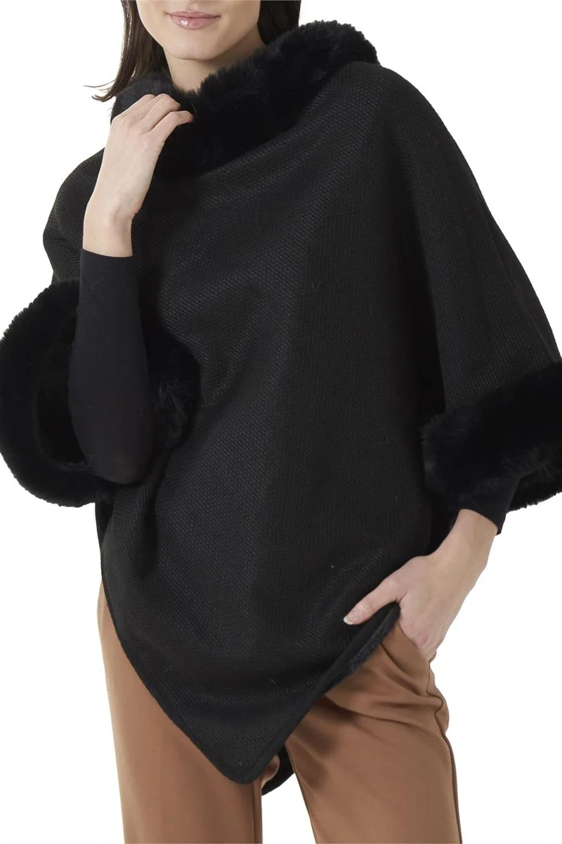 Faux Fur Collar & Cuff Poncho Black - Image 2