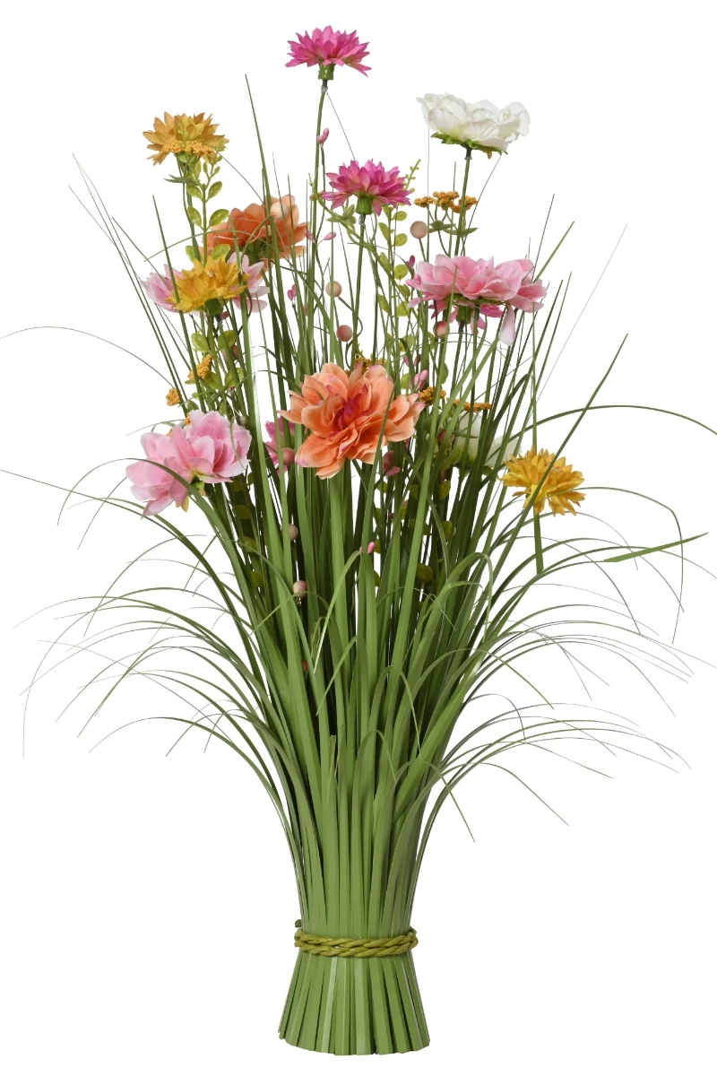 Faux Grass with Chrysanthemum & Geranium Flowers Bouquet Pink & Green