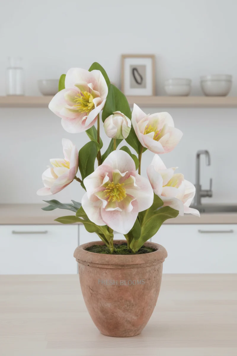 Faux Helleborus in Terra Cotta Pot 12" Pink & Green