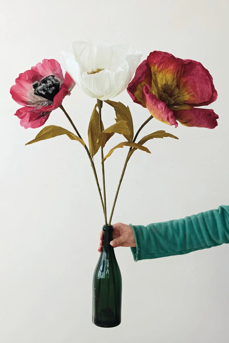 Faux Paper Flower Pick Green & Burgundy