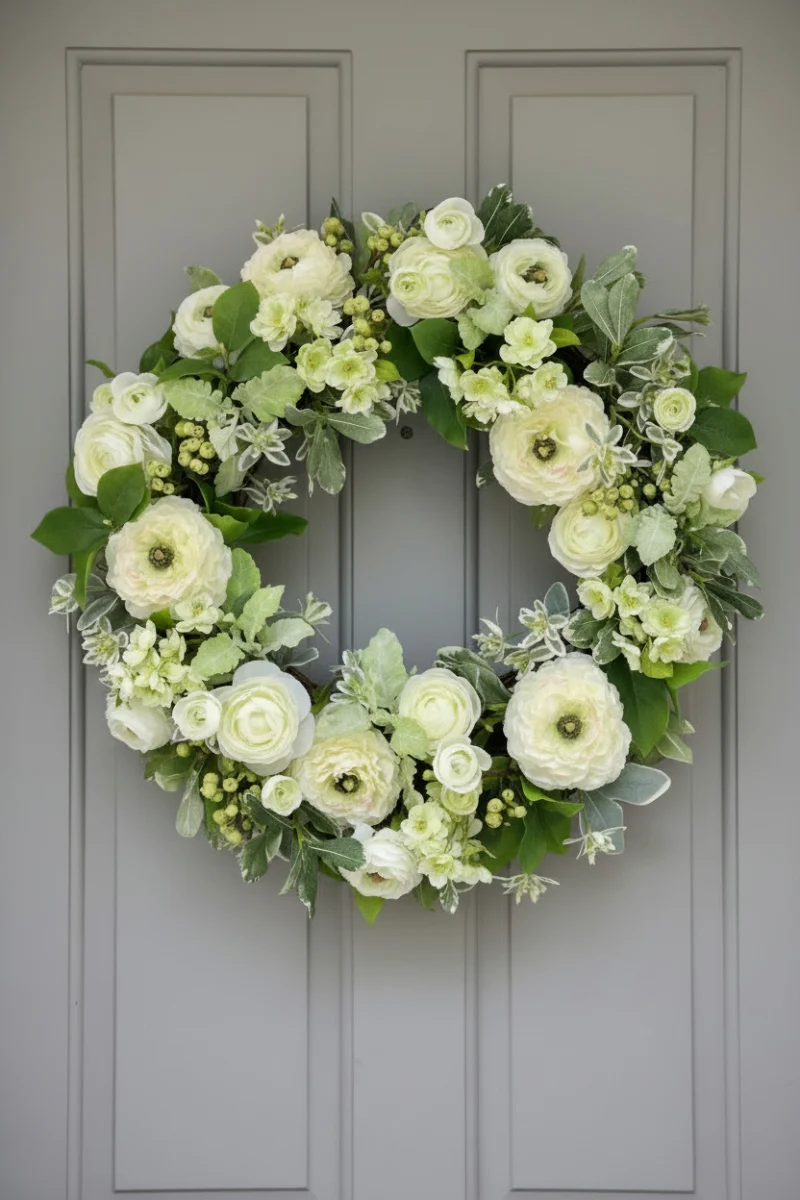 Faux Ranunculus Wreath 24" White/Green