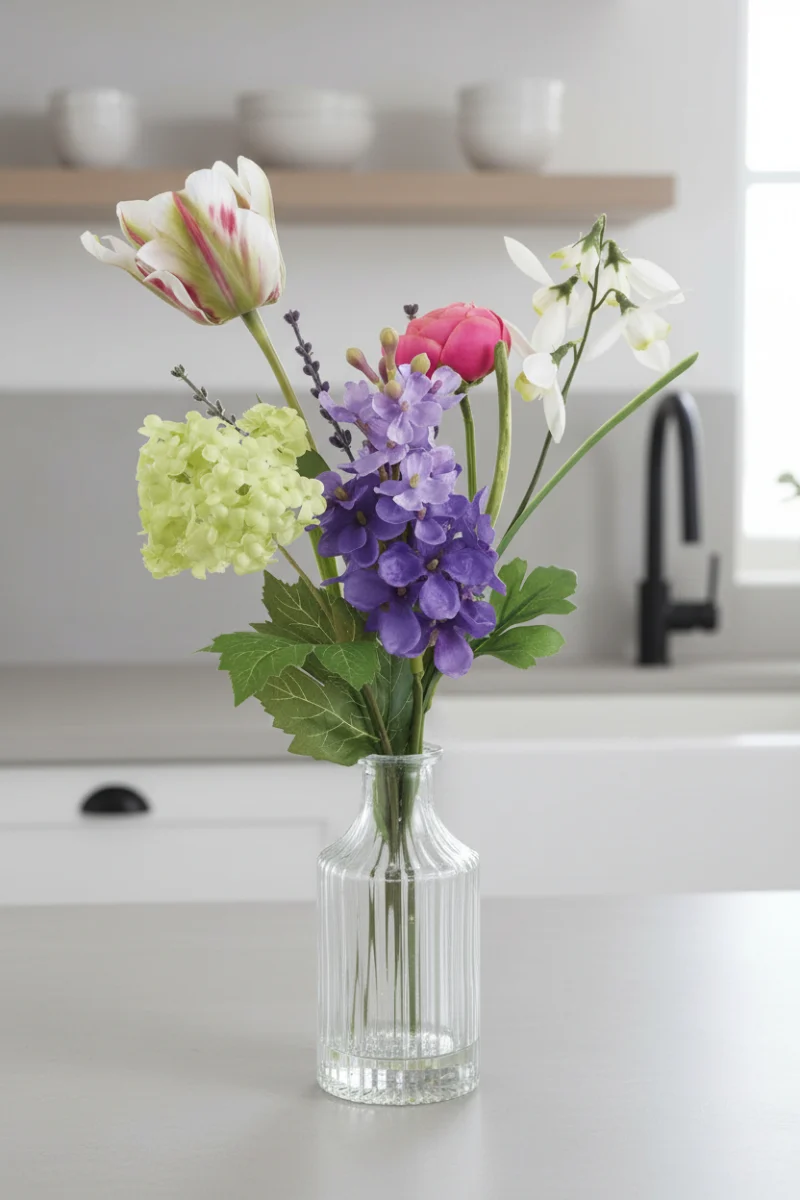 Faux Snowball, Lilac and Tulip in Vase 14" Mix