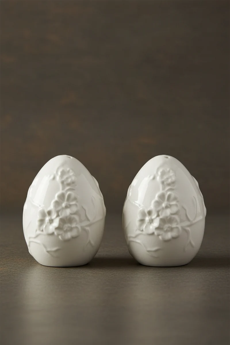 Flower Embossed Egg Salt & Pepper Shakers White Set of 2