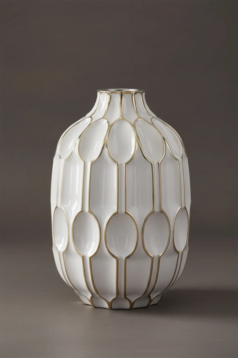 Glass Oval Embossed Vase Small White & Gold