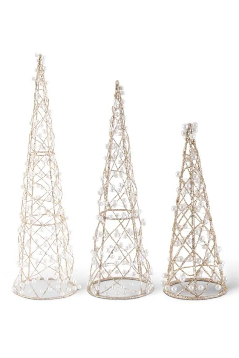 Glittered Cone Tree with Pearls Medium Gold
