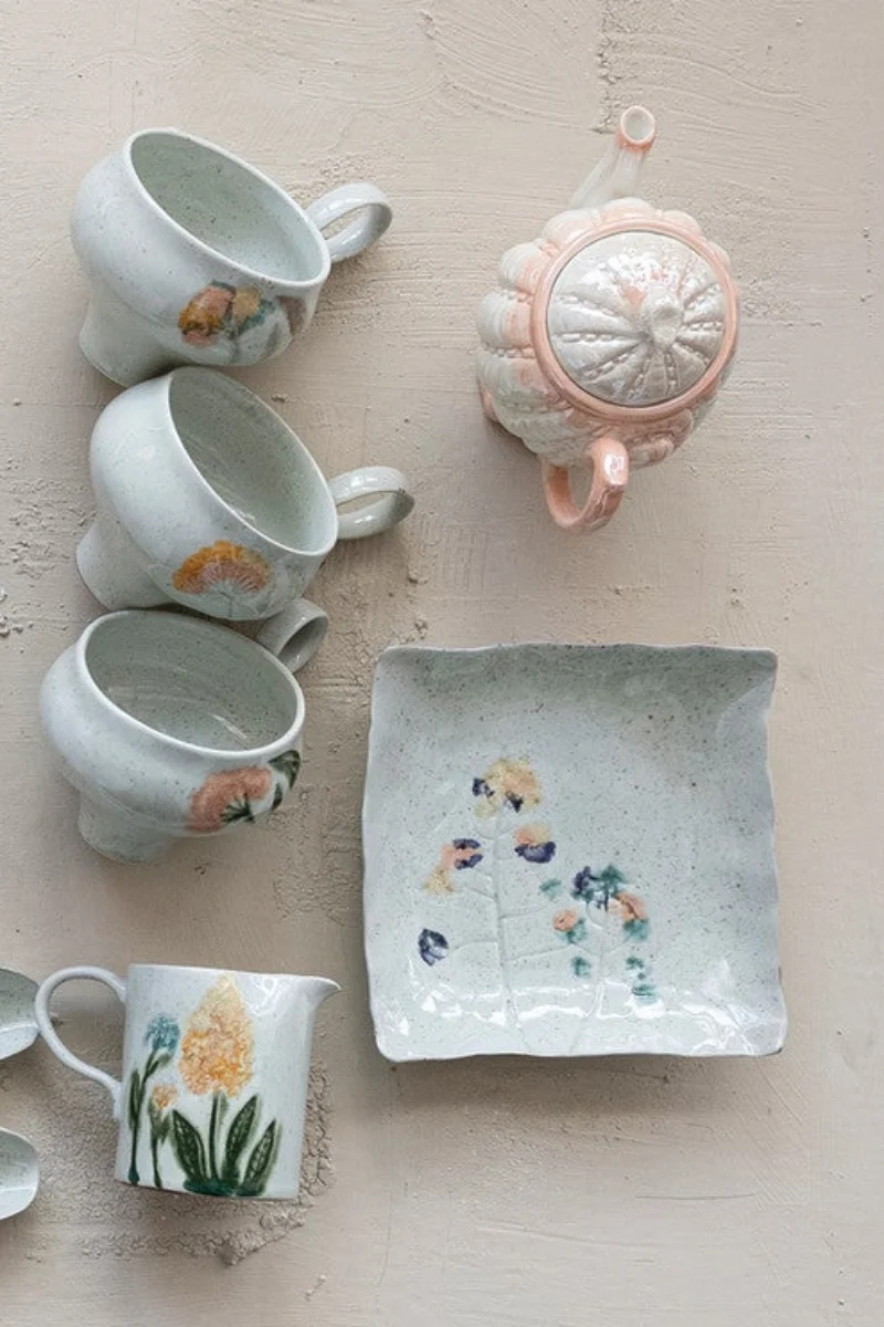 Hand-Painted Stoneware Organic Shaped Plate with Flowers