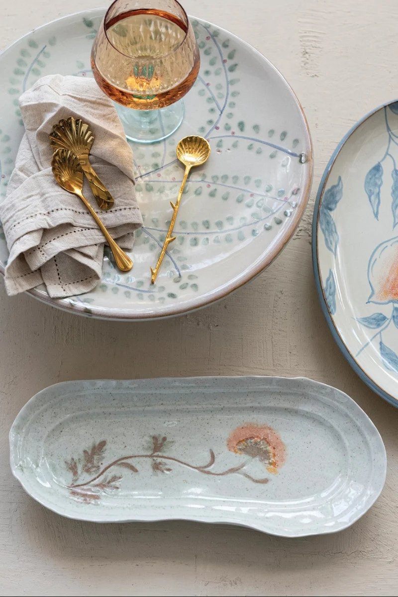 Hand-Painted Stoneware Organic Shaped Platter with Flowers