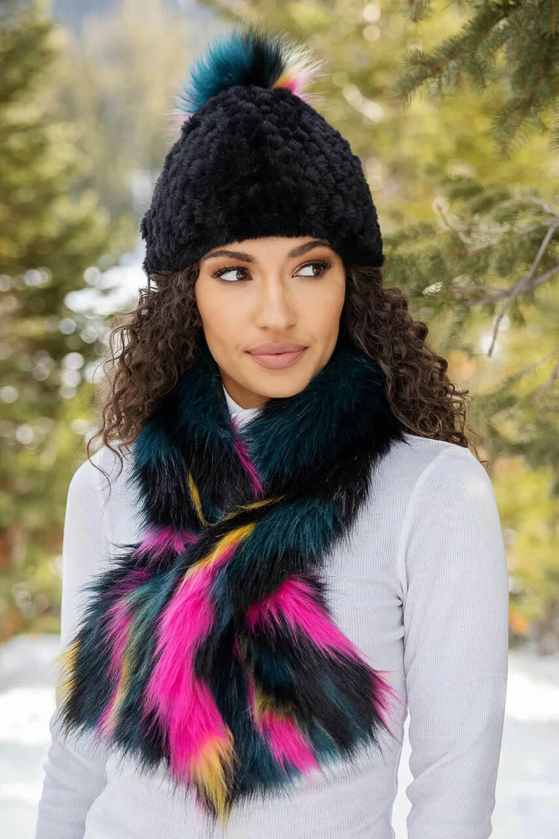 Knitted Fur Pom Hat Neon - Image 2
