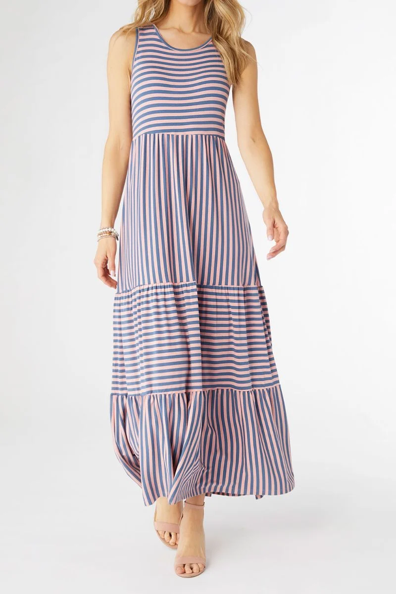 Janie Striped Tiered Maxi Dress Small/Medium Pink/Blue