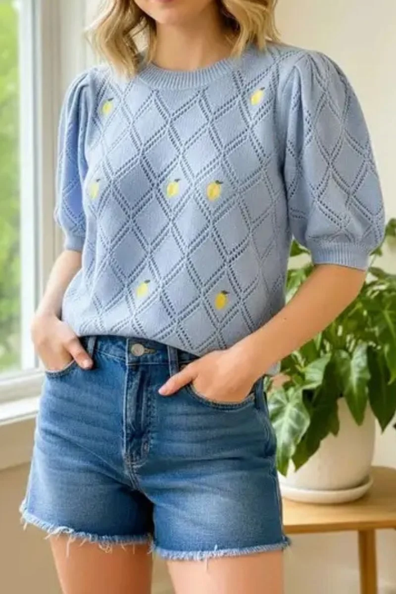 Lemon Embroidered Sweater Large Chambray - Image 2