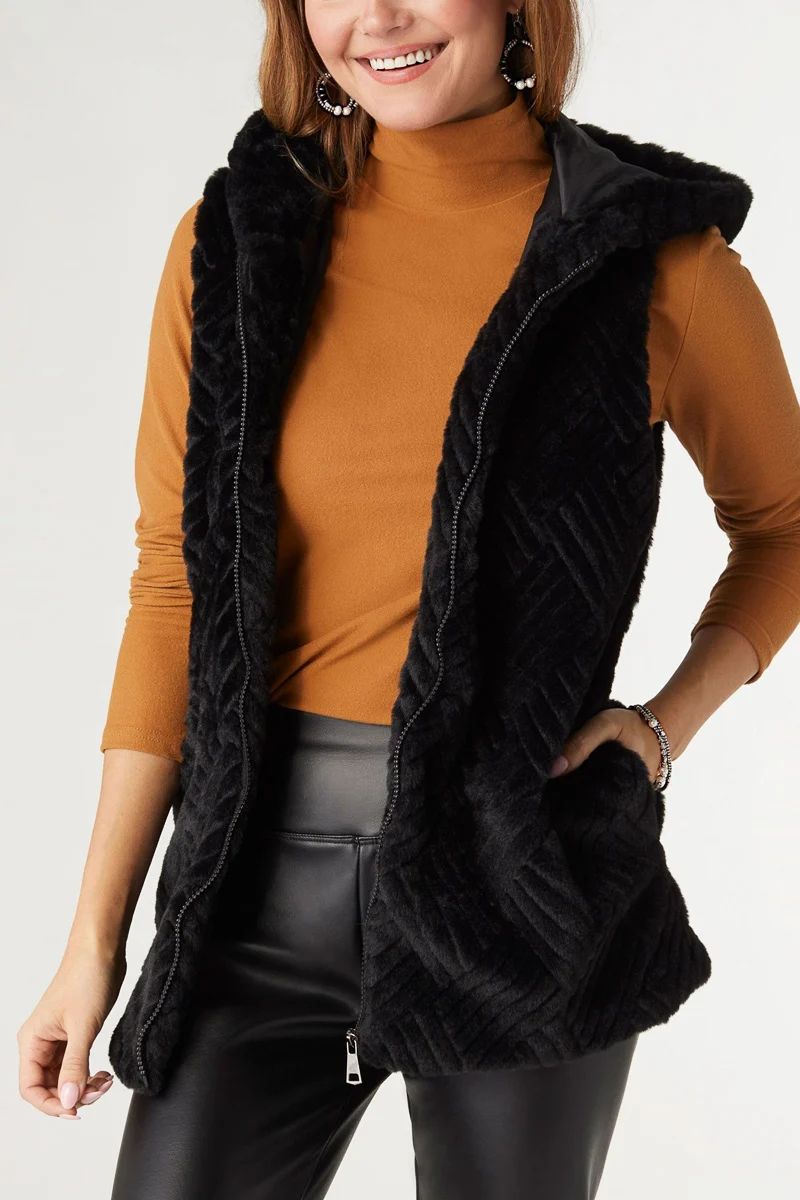 Lyric Faux Fur Hooded Vest S/M Black - Image 2
