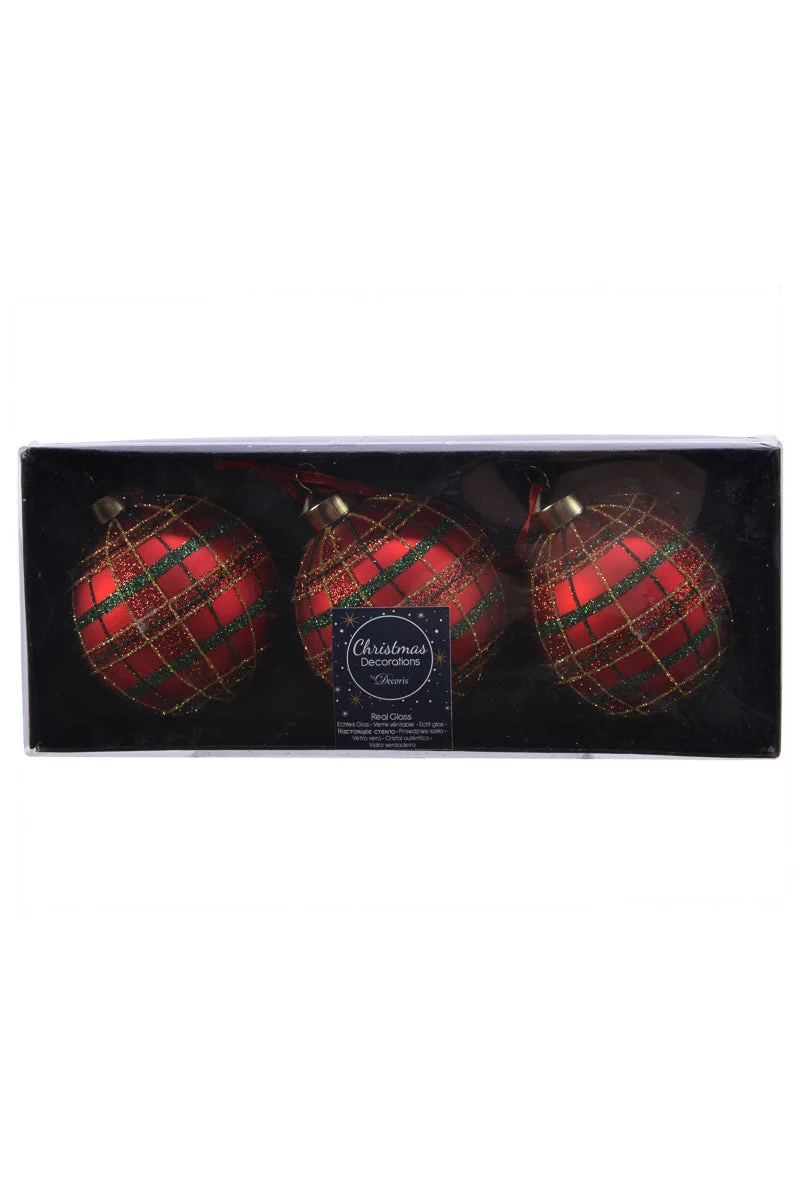 Glass Ball Red Glitter Checked Ornament Box of 3