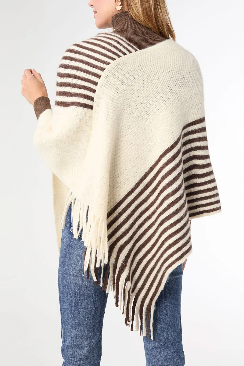 Petra Asymmetrical Poncho Cream & Brown - Image 2