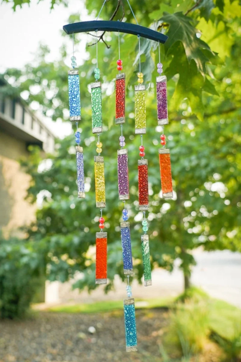 Rainbow Textured Tiered Glass Mobile Wind Chime