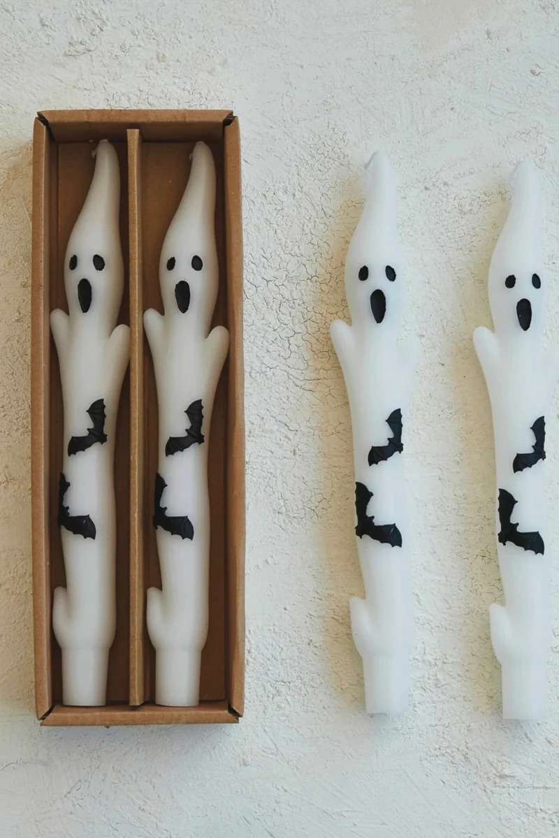 Candles Taper Ghost Shaped with Bats Unscented White & Black