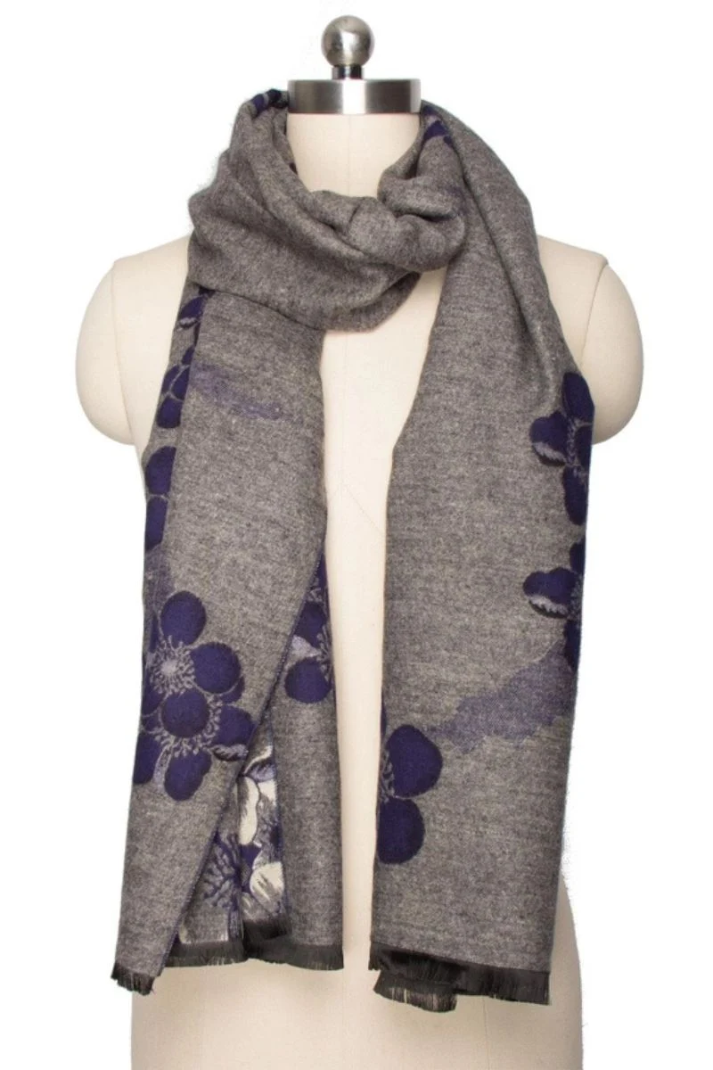 Two Color Floral Reversible Scarf Navy Grey - Image 4