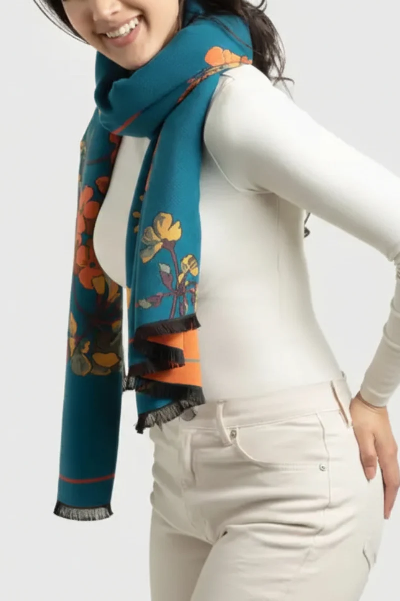 Two Tone Floral Reversible Scarf Turquoise
