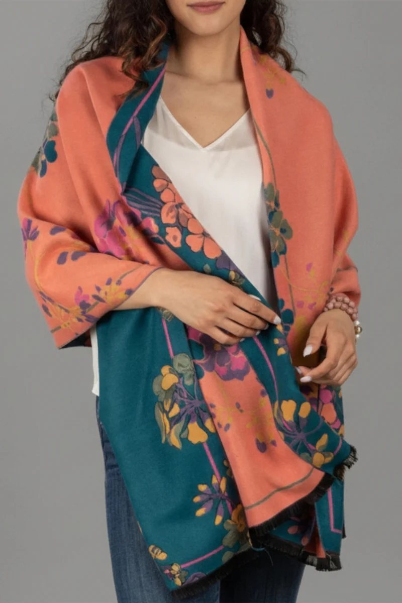 Two Tone Floral Reversible Scarf Turquoise - Image 3