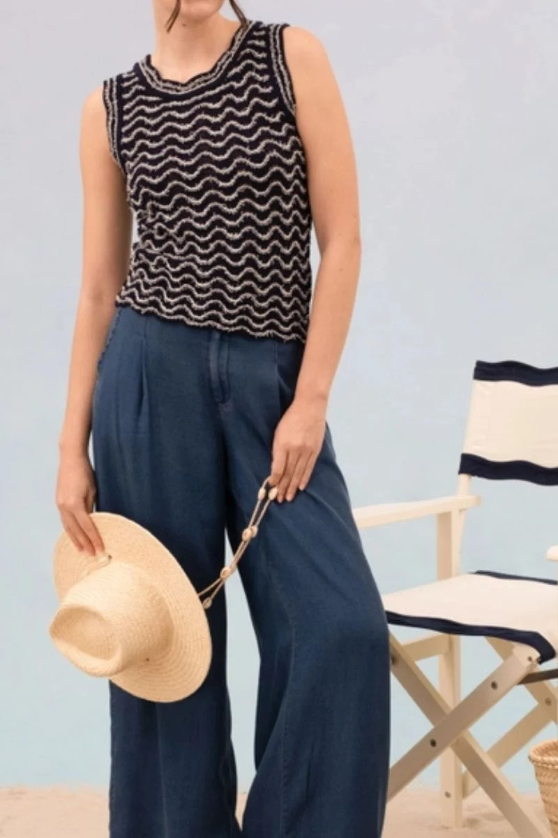 Wavy Pattern Sleeveless Knit Sweater Large Navy - Image 2