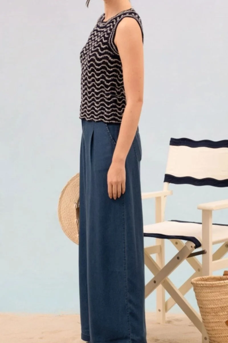 Wavy Pattern Sleeveless Knit Sweater Large Navy - Image 4