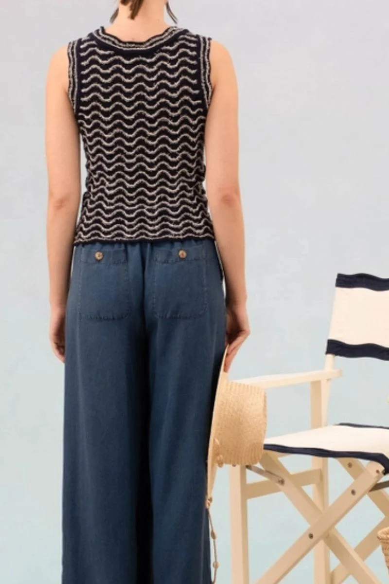 Wavy Pattern Sleeveless Knit Sweater Small Navy - Image 3