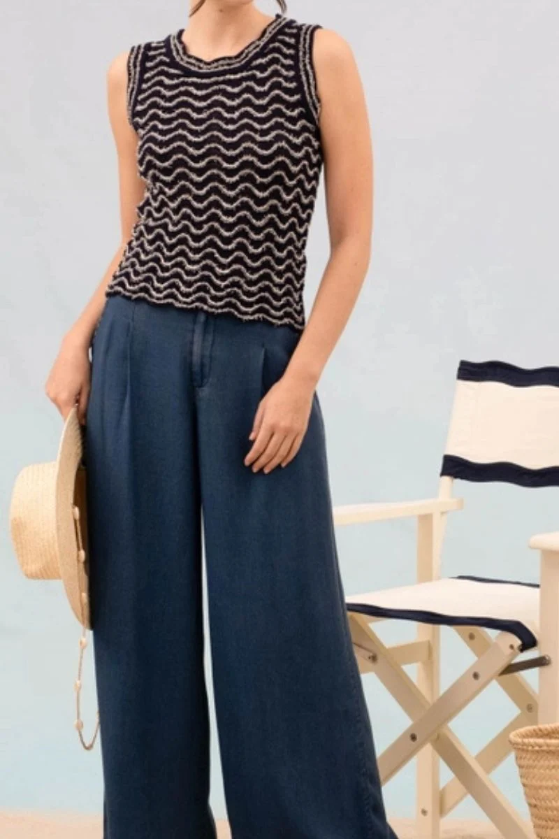 Wavy Pattern Sleeveless Knit Sweater Small Navy - Image 4
